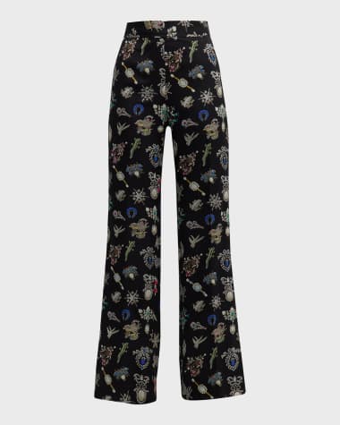 Libertine High-Rise Diamond Pins-Print Wide-Leg Silk Pants