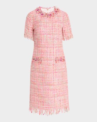 Rickie Freeman for Teri Jon Fringe-Trim Beaded Tweed Midi Dress
