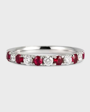 David Kord 18K White Gold Ring with 2.5mm Alternating Diamonds and Rubies, Size 6