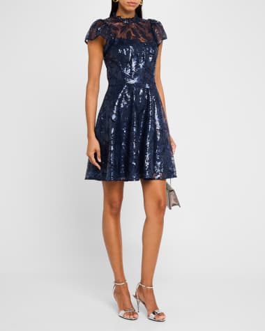 Shoshanna Flutter-Sleeve Sequin Mini Dress