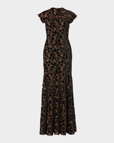 Shoshanna Velvet Floral-Lace Cap-Sleeve Gown