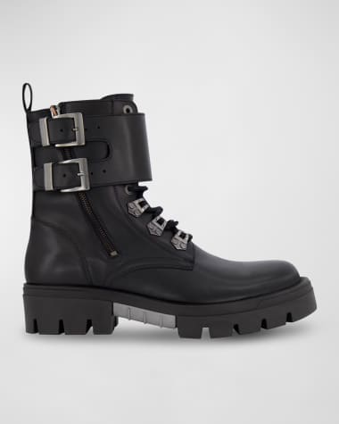 Karl Lagerfeld Paris Men's Double-Buckle Monk Leather Combat Boots
