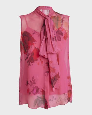 Erdem Floral-Print Tie-Neck Sleeveless Silk Top