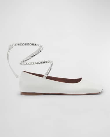 Amina Muaddi Ane Embellished Leather Ankle-Wrap Ballerina Flats