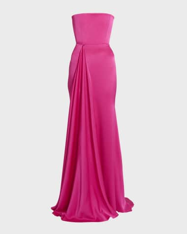 Alex Perry Satin Crepe Strapless Gathered Drape Gown