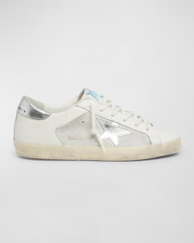 Super-Star sneakers in white leather and canvas with shocking-pink leather  star and silver glitter heel tab