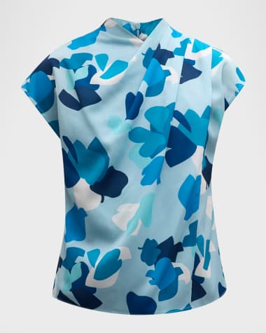 Emporio Armani Pleated Cap-Sleeve Abstract-Print Blouse