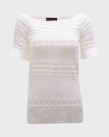 Emporio Armani Boat-Neck Mixed-Stitch Eyelet Blouse