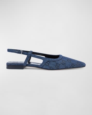 Gucci Demi Crystal GG Denim Slingback Ballerina Flats