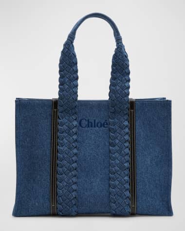 Chloe Woody Small Tote Bag in Linen with Crossbody Strap