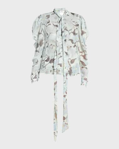 Stella McCartney Garden-Print Puff-Sleeve Chiffon Shirt