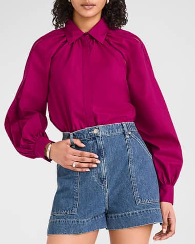 Merlette Tiana Ruched Lace-Inset Cotton Poplin Top