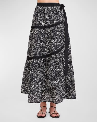 Merlette Floral-Print Pleated-Trim A-Line Maxi Skirt