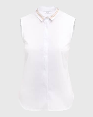 Peserico Sleeveless Ribbon-Trim Button-Down Top