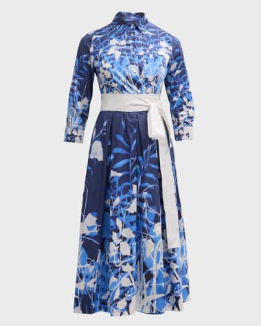 Sara Roka Elenat Pleated Botanical-Print Midi Shirtdress