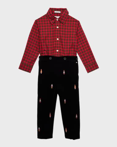 Ralph Lauren Childrenswear Boy's Plaid-Print Shirt & Embroidered Velvet Pants Set, Size 9M-24M