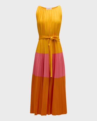 Carolina Herrera Colorblock Pleated Knit Maxi Dress with Tie Belt