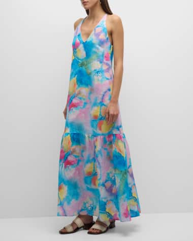 120% Lino Butterfly-Print Linen Halter Maxi Dress