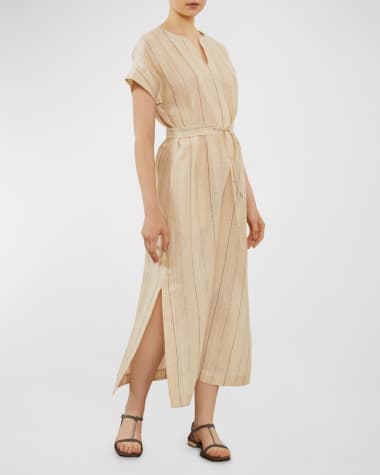 Peserico Striped Dolman-Sleeve Linen Midi Dress
