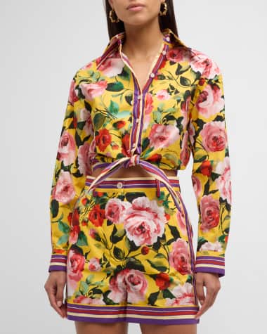 Dolce&Gabbana Floral Print Cropped Button-Front Top with Tie