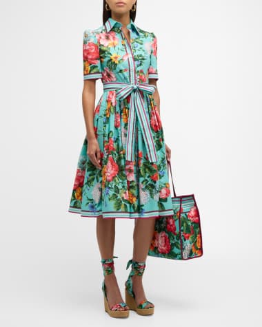 Dolce&Gabbana Floral-Print Short-Sleeve Belted Midi Shirtdress