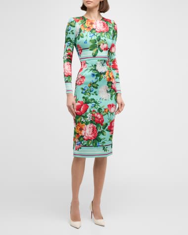 Dolce&Gabbana Floral Stripe-Print Long-Sleeve Midi Dress