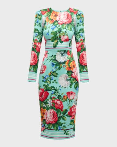 Dolce&Gabbana Floral Stripe-Print Long-Sleeve Midi Dress