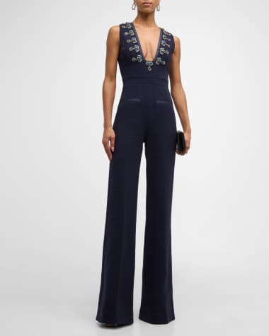 Blue Whitney pleated wool-crepe flared jumpsuit, Emilia Wickstead