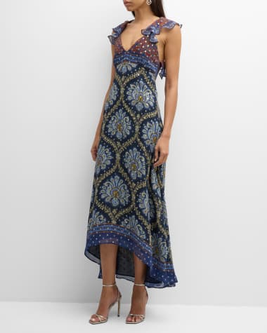 Etro Medallion-Print Metallic Silk Fil Coupe Ruffle Midi Dress