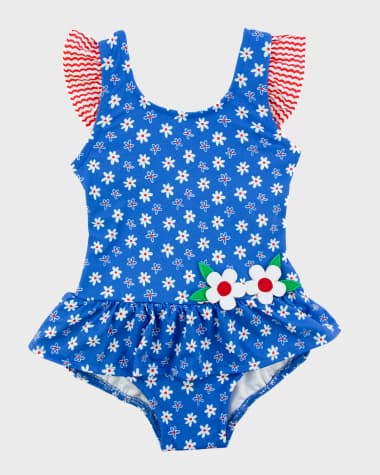 Florence Eiseman Girl's Royal Daisy-Print Swimsuit W/ Flowers, Size 2-6X