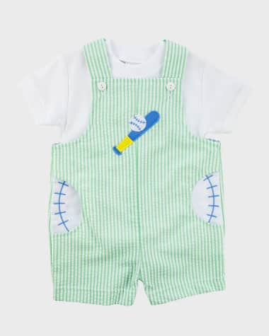 Florence Eiseman Boy's Stripd Seersucker Shortall W/ Baseball T-Shirt, Size 3M-24M