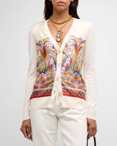 Etro Engineer-Print Silk Panel V-Neck Knit Cardigan