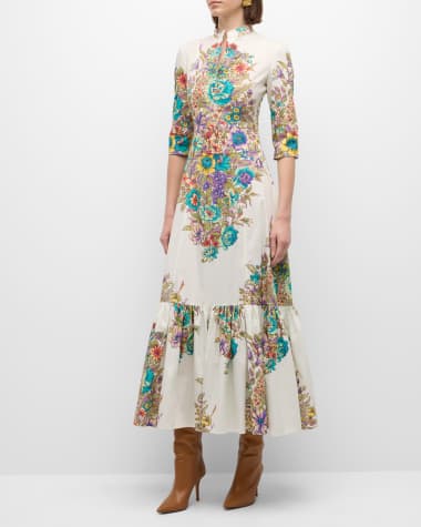 Etro Bouquet Floral-Print 3/4-Sleeve Cotton Maxi Dress