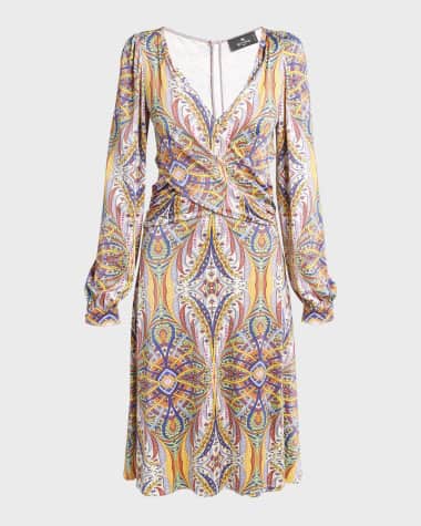 Etro Kaleidoscope Long-Sleeve Draped Jersey Midi Dress