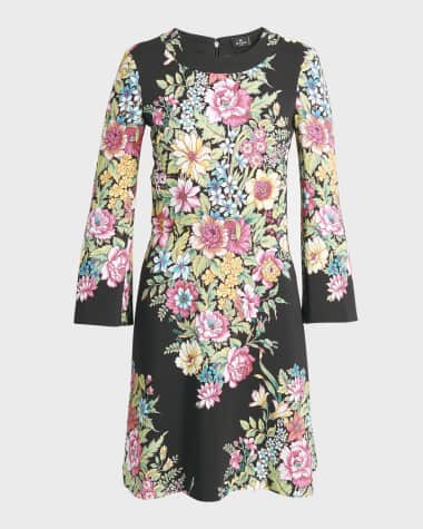 Etro Bouquet Floral-Print Long-Sleeve Jersey Dress
