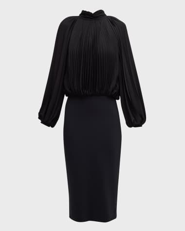 Chiara Boni La Petite Robe Pleated Mock-Neck Blouson-Sleeve Midi Dress
