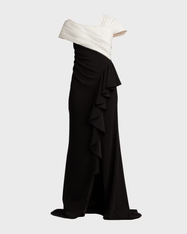 Tadashi Shoji Pleated Two-Tone Ruffle Crepe Gown