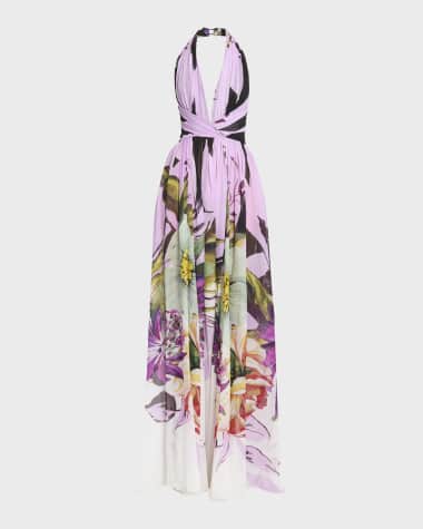 Elie Saab Floral-Print Plunging Halter Silk Gown