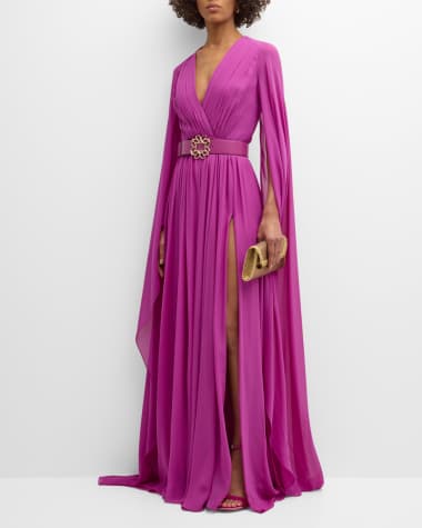 Elie Saab Pleated V-Neck Belted Slit Silk Dress