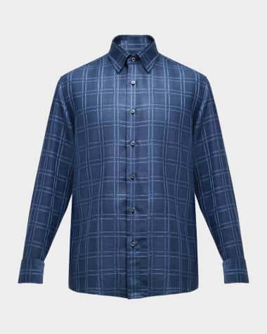 Brioni Men's Cotton-Linen Basketweave-Print Sport Shirt