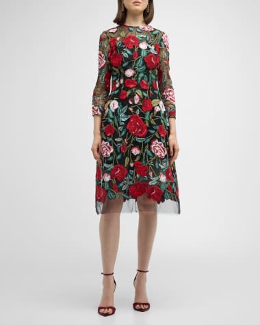 Jacquard Floral 3/4 Sleeve Flounce Cuff Dress