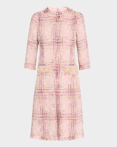 Rickie Freeman for Teri Jon Beaded Fringe-Trim Plaid Tweed Midi Dress
