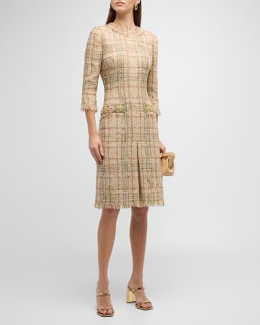 Rickie Freeman for Teri Jon Beaded Fringe-Trim Plaid Tweed Midi Dress