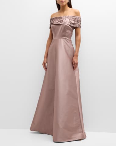 Rickie Freeman for Teri Jon Off-Shoulder Floral Applique A-Line Gown