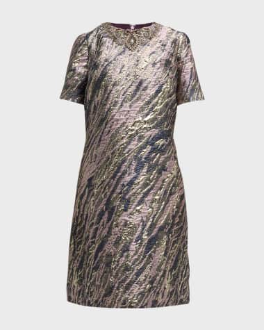 Rickie Freeman for Teri Jon Beaded Metallic Jacquard Shift Dress