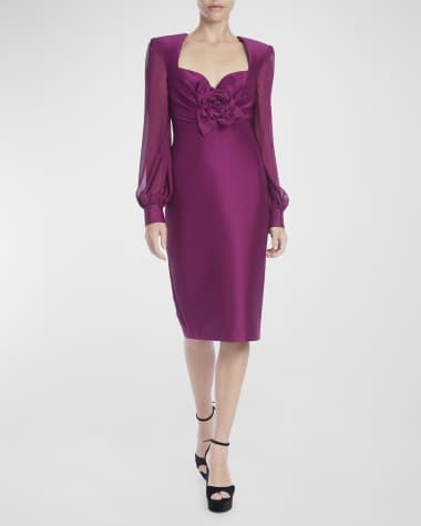 Badgley Mischka Collection Illusion-Sleeve Sweetheart Mikado Midi Dress