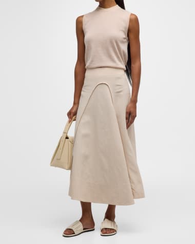 Co Curved-Seam A-Line Linen Midi Skirt