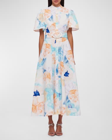 LEO LIN Bianca Belted Floral-Print Midi Shirtdress