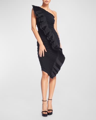 One33 Social Shirred One-Shoulder Ruffle Midi Dress