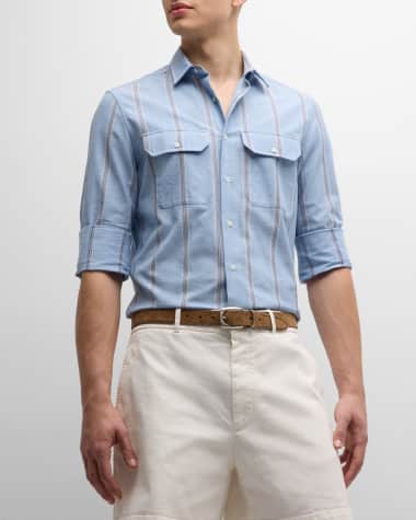 Brunello Cucinelli Men's Stripe Casual Button-Down Shirt with Pockets